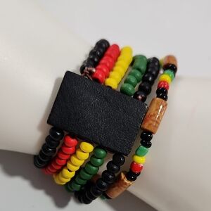 Rasta-style beaded stretch bracelet wooden beads in black, Red Yellow Green